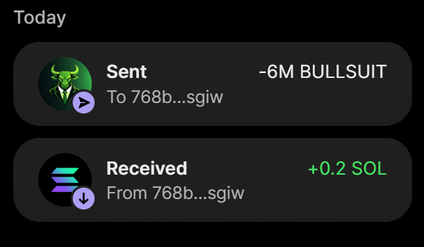 A transaction history shows 6M BULLSUIT sent to address 768b...sgiw with a return of +0.2 SOL received from the same address, confirming the successful purchase of 6 million $BULLSUIT for 0.2 $SOL as described in the post.