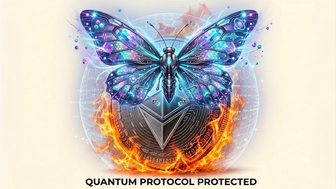 A digital art piece featuring a vibrant butterfly with mechanical/circuitry details and glowing blue wings above a metallic emblem with flames, captioned 'QUANTUM PROTOCOL PROTECTED'.