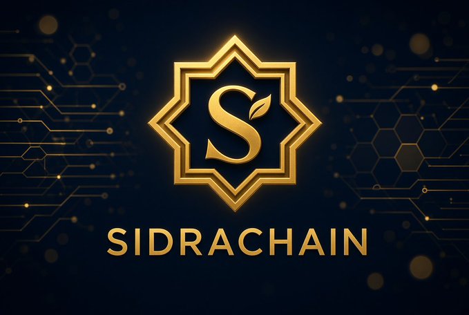 A luxury logo for "SIDRACHAIN" featuring a gold geometric star emblem with an "S" and leaf, set against a dark navy background with digital circuit patterns.