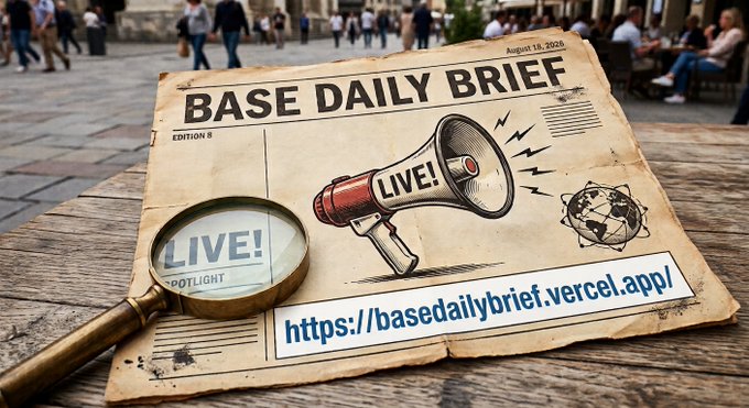 A vintage-style newspaper illustration titled 'BASE DAILY BRIEF' with Edition 8, dated August 18, 2026, features a megaphone labeled 'LIVE!', a magnifying glass, and the URL 'https://basedailybrief.vercel.app/' on a wooden table with a blurred plaza background.