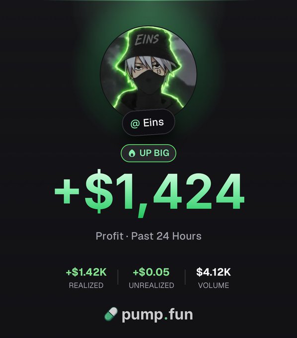 A pump.fun profile screenshot shows a user named 'Eins' with an anime avatar, displaying a profit of +$1,424 over the past 24 hours and $4.12K in volume.