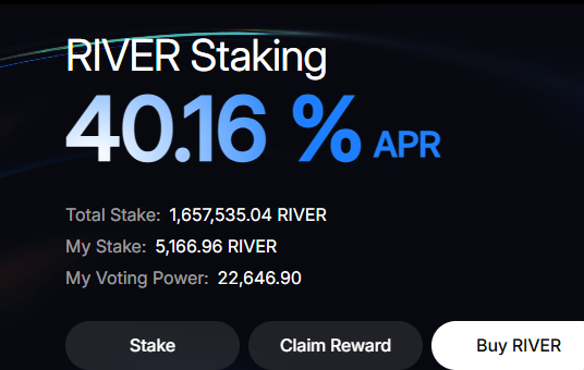 The image features a banner that displays information about river staking. The text in the image describes the steps involved in river staking, which are listed along with the time taken for the process. There is also information on claims reward available for those who invest in river staking.
