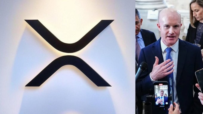 The image shows the XRP logo on the left and Coinbase CEO Brian Armstrong speaking to reporters on the right, illustrating the post's announcement that XRP can now be used as collateral to instantly borrow USDC on Coinbase.