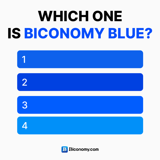 A graphic asking 'WHICH ONE IS BICONOMY BLUE?' displaying four numbered blue color swatches in different shades, with the B1 Biconomy.com logo at the bottom.