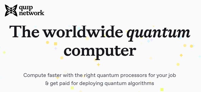 A promotional banner for Quirp Network featuring a butterfly icon and the text "The worldwide quantum computer" with a tagline about computing faster and getting paid for deploying quantum algorithms.