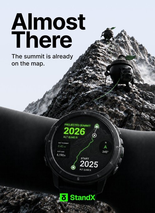 The image features a watch with a green screen displaying the time of 20:25, along with some text that reads "ALMOST THERE" and "THE SUMMIT IS ALREADY ON THE MAP." The watch appears to be a smartwatch or fitness wristwatch, as it has an integrated GPS system. The background of the image is a mountain range, which adds to the overall theme of outdoor activities and adventure.