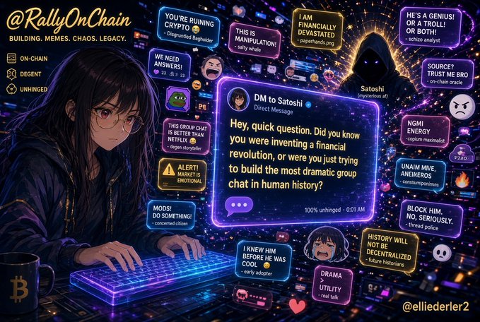 A digital illustration by @elliederler2 for @RallyOnChain showing an anime-style woman at a glowing keyboard with a DM to Satoshi asking if he was inventing a financial revolution or building a chaotic group chat in human history, surrounded by floating chat bubbles with comments like 'YOU'RE RUINING CRYPTO', 'WE NEED ANSWERS', and 'BLOCK HIM'.