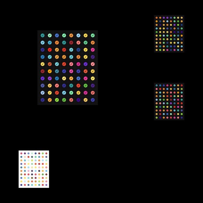 Multiple sheets of colorful circular stickers arranged in a grid pattern on a black background.