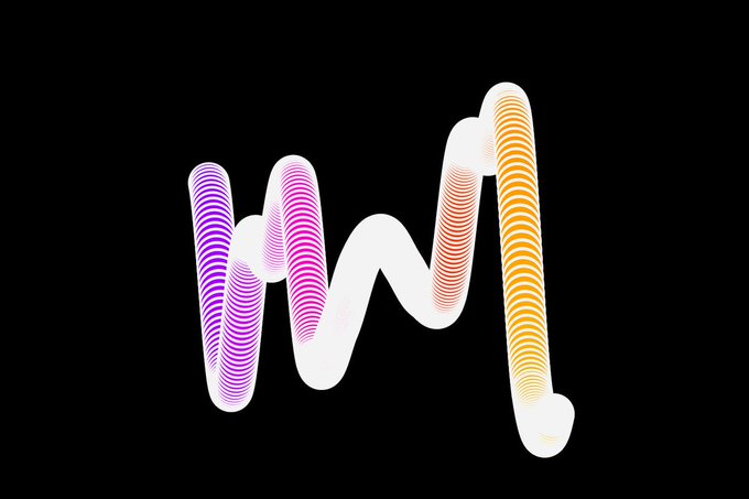 A stylized white wave form with a gradient of purple, pink, orange, and yellow lines is displayed against a black background.