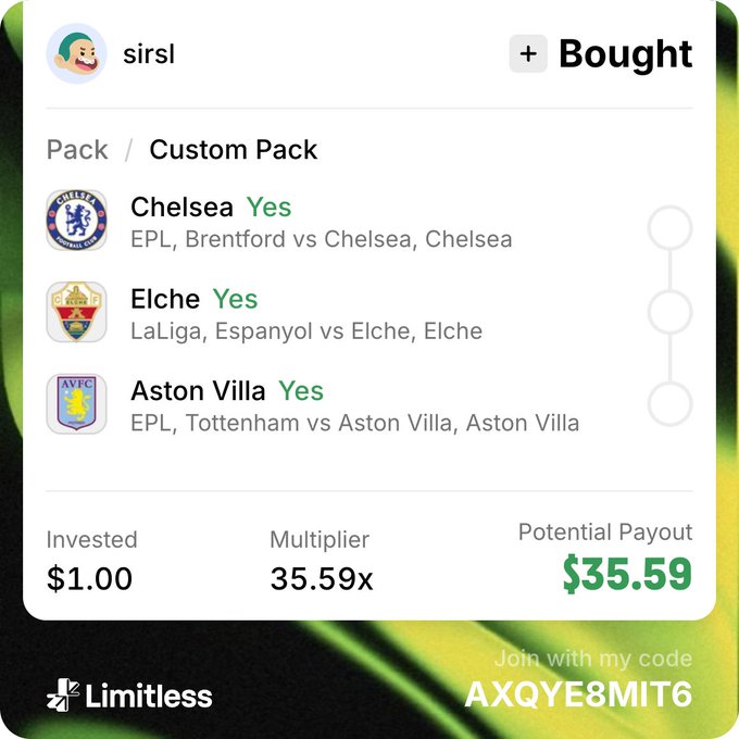 A screenshot of a sports betting app called 'Limitless' showing a $1.00 investment on a 35.59x multiplier with a $35.59 potential payout, featuring picks for Chelsea, Elche, and Aston Villa.