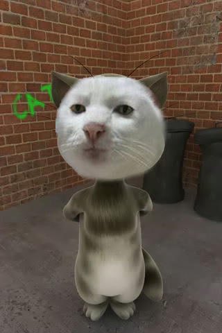 A bizarre AI-generated or edited image of a cat with a human-like face standing on its hind legs in an alleyway.
