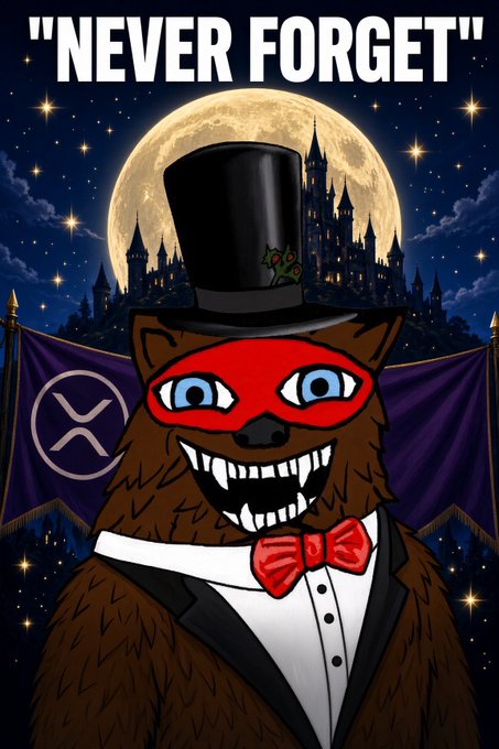 An illustration of a brown furry creature wearing a top hat, red mask, and bowtie, set against a moonlit castle backdrop with a banner reading 'NEVER FORGET'.