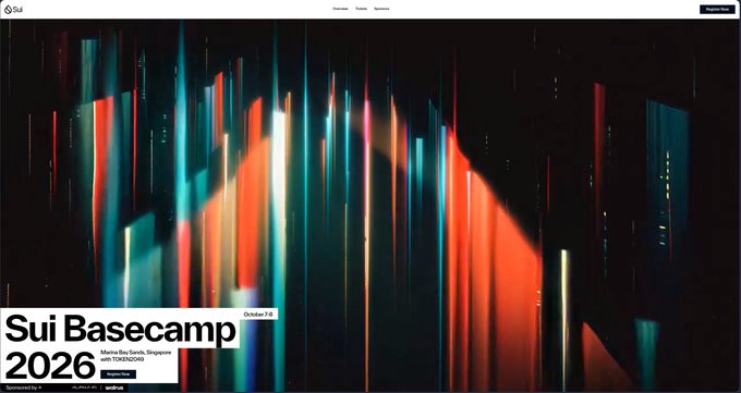 A promotional webpage for 'Sui Basecamp 2026' event scheduled for October 7-8 at Marina Bay Sands, Singapore, featuring a vibrant, colorful abstract graphic of vertical light bars.