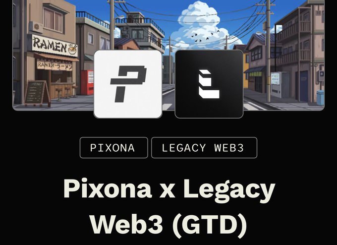 The image shows a logo that features a city skyline with two buildings side by side, one black and one white, positioned above a sign that says "Legacy Web3 (GTD)". Below this, there are two squares representing the logos of Pixona and Pixona x Legacy Web3. The text in the post indicates that the largest allocation has been secured for Legacy @ Legacy Web3, which is associated with Pixona.