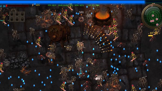 A top-down action-roguelite game screenshot showing a chaotic battlefield filled with blue projectiles, enemy figures, and damage numbers like "365," "586," "313," and "126," along with a HUD displaying "FPS: 60.0," "Mob count," "Kills: 4212," "HP: 202," and a timer "07:58," promoting the demo for "Punk, Bullets and Junk" on Gala Games. The intense visual clutter and survival-style gameplay perfectly illustrate the horde-clearing frenzy described in the post.