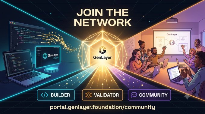 A promotional graphic for GenLayer's network features the bold headline "JOIN THE NETWORK" alongside the GenLayer logo, with "GenLayer Studio" displayed on a laptop and monitor to the left, and a collaborative team scene to the right. Three labeled categories—BUILDER, VALIDATOR, and COMMUNITY—are shown with the URL "portal.genlayer.foundation/community" at the bottom.

Note: The image content focuses on GenLayer's network onboarding, which doesn't visually align with the post's mention of Allbridge and cross-chain asset transfers.
