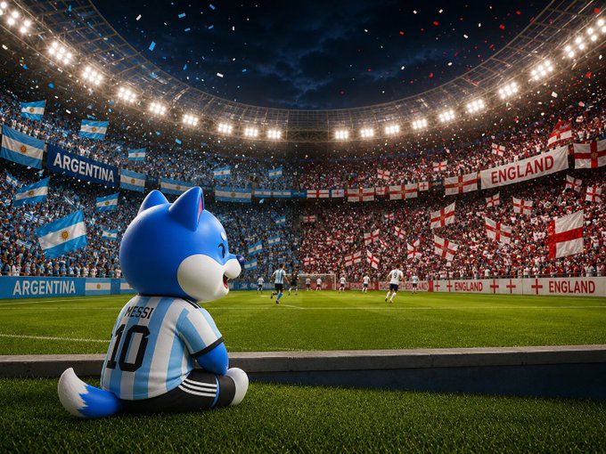 A blue cartoon dog mascot wearing a jersey reading "MESSI 10" sits on the pitch of a packed stadium, where fans wave Argentina and England flags amid falling confetti during what appears to be a match between the two teams. The image directly ties to the post's ARGENTINA vs ENGLAND showdown, with the mascot's Messi jersey visually backing the "GOAT's side."