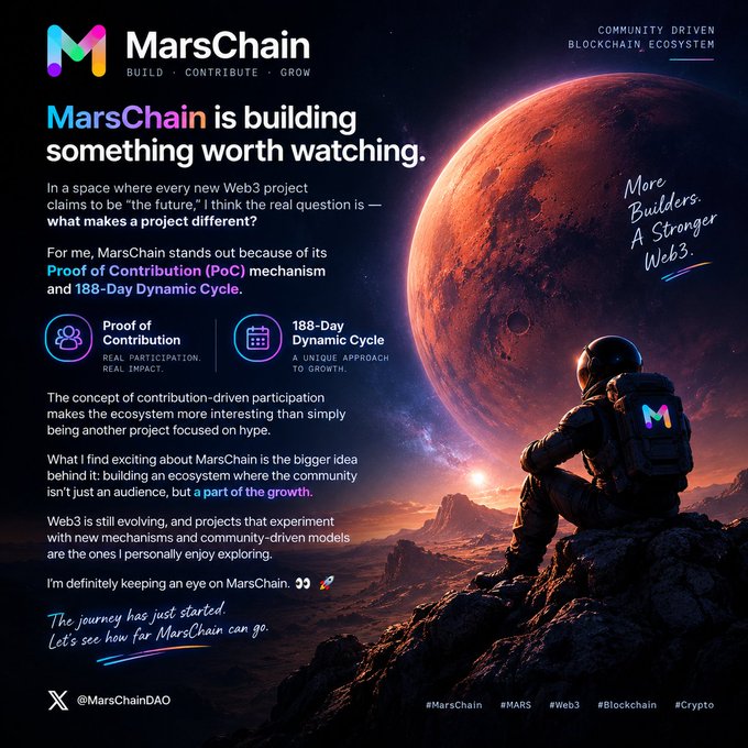 A promotional graphic for MarsChain featuring an astronaut gazing at Mars, with text highlighting its "Proof of Contribution (PoC)" mechanism and "188-Day Dynamic Cycle," alongside the tagline "More Builders. A Stronger Web3." and the handle @MarsChainDAO. The image visually reinforces the post's message by showcasing MarsChain's community-driven blockchain ecosystem and its standout features as a Web3 project.