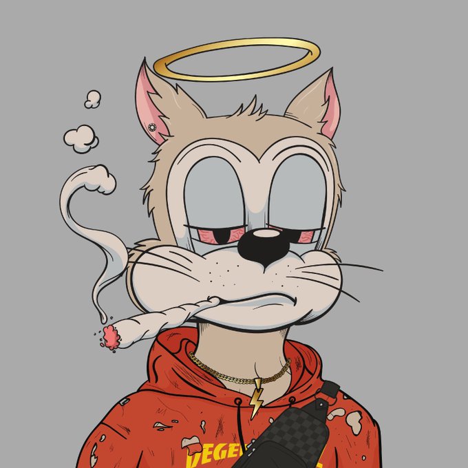 A cartoon illustration of an anthropomorphic cat with a golden halo above its head, wearing a red hoodie and gold chains. It is smoking a cigarette, has half-closed red eyes, and the partially visible word 'DEGE' is on its shirt.