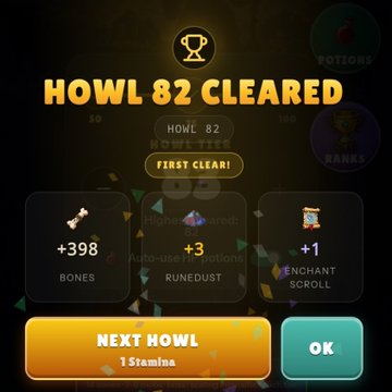 A mobile game achievement screen celebrating 'HOWL 82 CLEARED' with rewards including bones (+398), runedust (+3), and enchant scroll (+1).