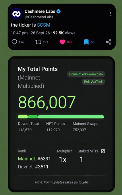 A screenshot of a tweet by Cashmere Labs (@CashmereLabs) stating 'the ticker is $CSM', alongside a dashboard showing 'My Total Points' at 866,007 with mainnet rank #6391.