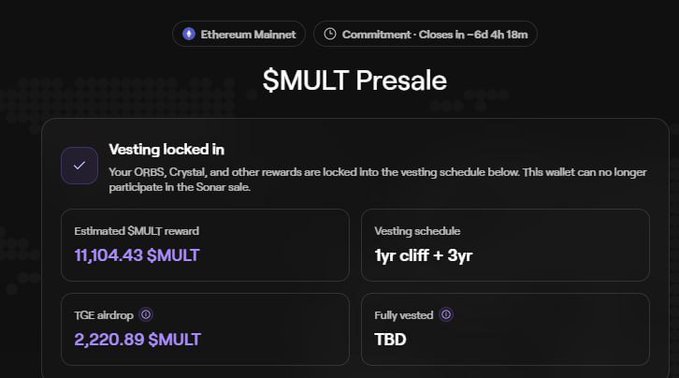 The image shows a $MULT Presale vesting page on the Ethereum Mainnet, displaying that the user's rewards are locked in with an estimated reward of 11,104.43 $MULT, a 1-year cliff + 3-year vesting schedule, and a TGE airdrop of 2,220.89 $MULT. This relates to the post by highlighting that the Multipli airdrop is live, where eligible users—those who previously used Multipli—can now claim their $MULT rewards through the official claim page.