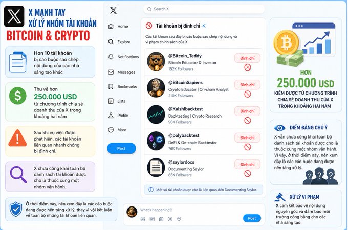 A screenshot of an X (Twitter) interface in Vietnamese, showing a warning about managing Bitcoin and Crypto accounts, with a list of restricted accounts and a promotion for a $250,000 USD prize.