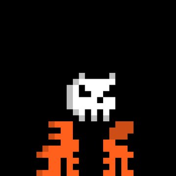 A pixel art graphic on a black background showing a white skull-like shape above two orange, jagged, symmetrical figures.
