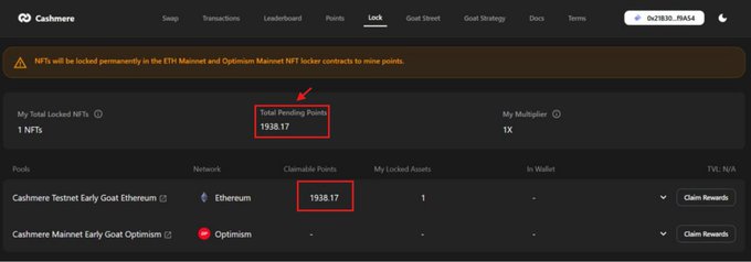 The image shows a Cashmere Labs interface highlighting **1,938.17 Total Pending Points** from locking 1 Cashmere Testnet Early Goat NFT on Ethereum. It demonstrates how users can view their claimable rewards by connecting their wallet to the platform.