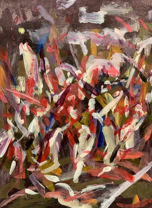 An abstract painting featuring chaotic, energetic brushstrokes in shades of red, white, pink, black, green, and yellow.