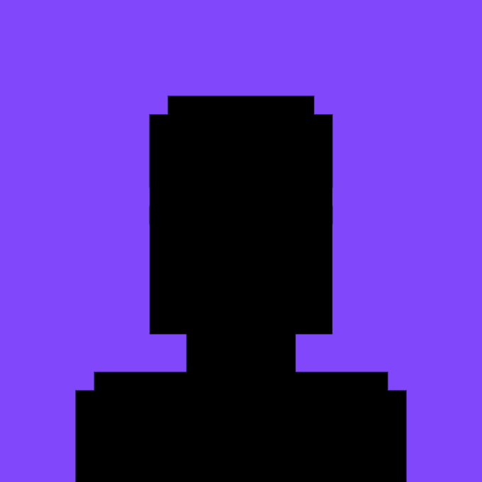 A minimalist graphic showing a black pixelated silhouette of a structure or monument against a solid purple background.