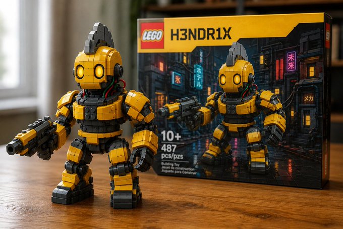 A yellow and black LEGO-style mech robot figure posed next to its 'H3NDR1X' retail box, which advertises 487 pieces, ages 10+, and depicts a neon-lit city scene.