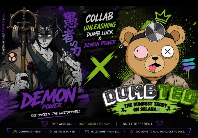 A promotional graphic announcing a collaboration between DumbTed (described as "The Dumbest Teddy on Solana") and Sempire, featuring illustrations of a horned samurai-style demon character labeled "Demon Power" and a stitched teddy bear, with bold text reading "Collab Unleashing Dumb Luck & Demon Power." The image directly illustrates the partnership mentioned in the post, which shares excitement about the collaboration and offering spots to Sempire holders on Discord.