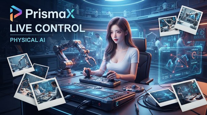A futuristic promotional banner for 'PrismaX LIVE CONTROL PHYSICAL AI' shows an illustrated woman operating a robotic arm and control panel, surrounded by polaroid-style images.