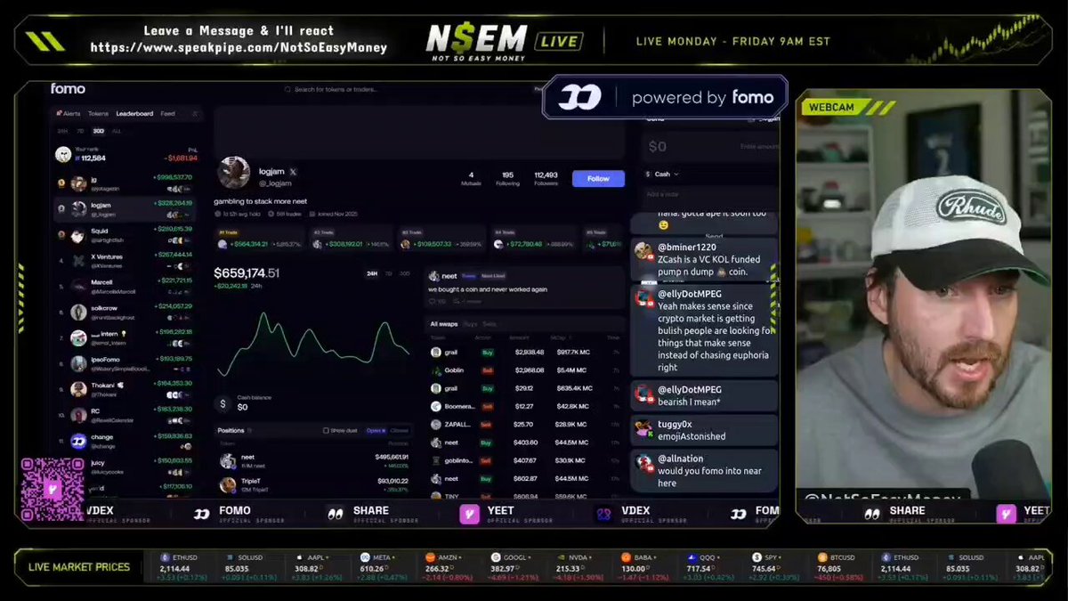 The image shows a computer screen displaying a trading dashboard for EasyReacts, a cryptocurrency exchange. The dashboard has various charts and graphs showing real-time data about different cryptocurrencies. A man wearing a baseball cap can be seen sitting at the desk with the monitor in front of him. The text on the screen reads "Easy reacts as fomo traders continue to make bank in the trenches LogJam is absolutely crushing it. This is the main guy behind 
$neet, he'S up an astounding $300K".