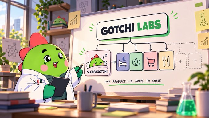 An illustration of a green cartoon character in a lab coat pointing to a whiteboard titled 'GOTCHI LABS' with various product icons.
