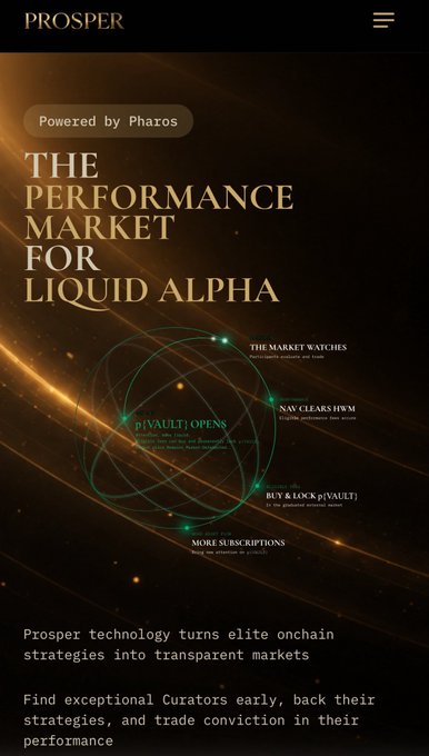 The image is a promotional webpage for **Prosper**, powered by **Pharos**, featuring the headline "THE PERFORMANCE MARKET FOR LIQUID ALPHA" with a decorative orbital graphic highlighting features like *piVAULT OPENS*, *NAV CLEAR $piVAULT*, *BUY & LOCK piVAULT*, *MORE SUBSCRIPTIONS*, and *THE MARKET WATCHES*. The text explains that Prosper technology converts elite onchain strategies into transparent markets, allowing users to find exceptional Curators and back their strategies—reinforcing the post's point that Prosper is more than a meme launchpad, as it's building a novel infrastructure for trading conviction in real on-chain strategy performance.