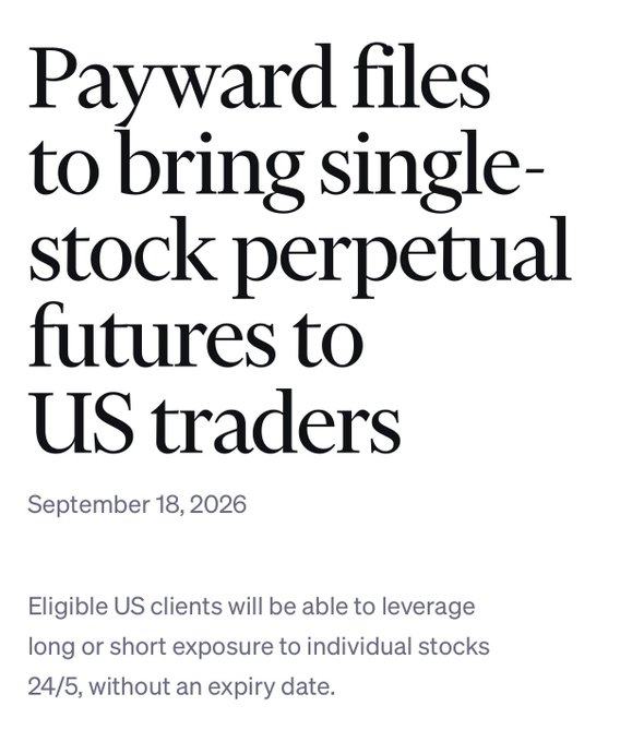 A headline from September 18, 2026 reads: "Payward files to bring single-stock perpetual futures to US traders," noting that eligible US clients will be able to take long or short 24/5 exposure to individual stocks without an expiry date—aligning with the news that Payward (parent of Kraken) filed for stock perps alongside Coinbase and Kalshi, initially offering 10 pairs including TSLA, NVDA, and AAPL.