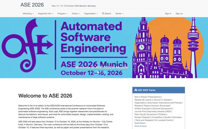 Screenshot of the ASE 2026 (Automated Software Engineering) conference website, scheduled for October 12-16, 2026 in Munich, Germany at the Holiday Inn Munich - City Centre.