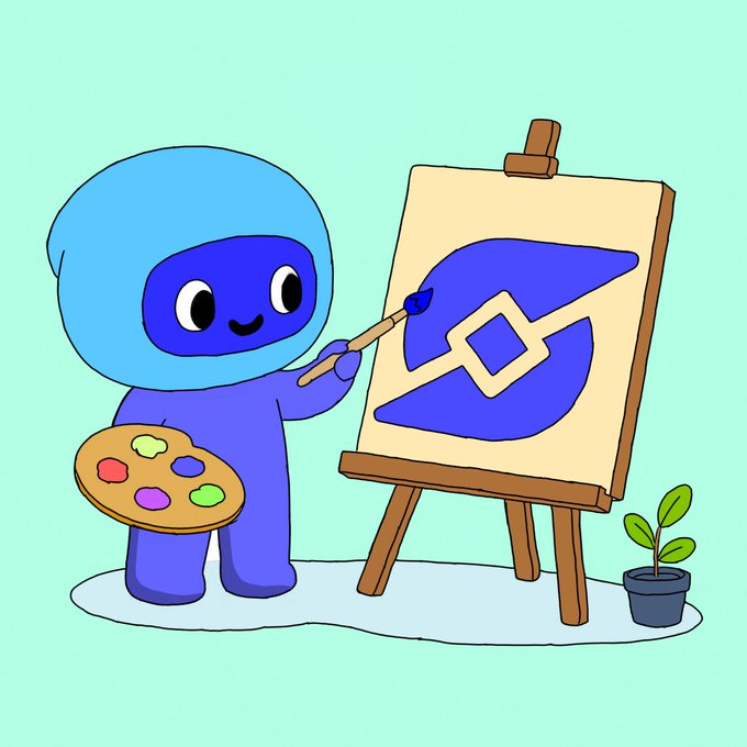 A cartoon illustration of a blue character in a hood painting the 1inch logo on an easel with a colorful palette.