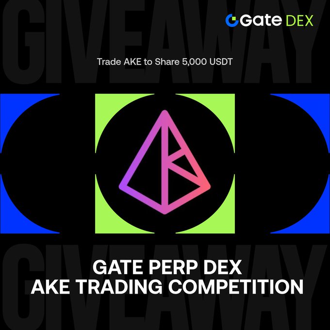 A promotional graphic announces 'GATE PERP DEX AKE TRADING COMPETITION' with 'Trade AKE to Share 5,000 USDT' and the GateDEX logo.