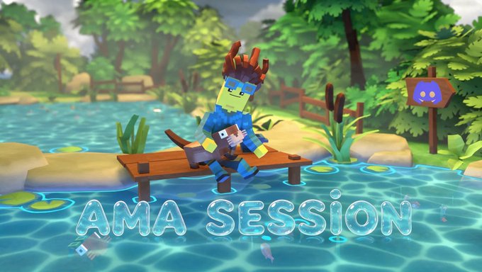 A voxel/blocky character with reindeer antlers sits on a dock by a pond holding a cat, with a Discord logo sign nearby and the text 'AMA SESSION' displayed in water-like lettering.