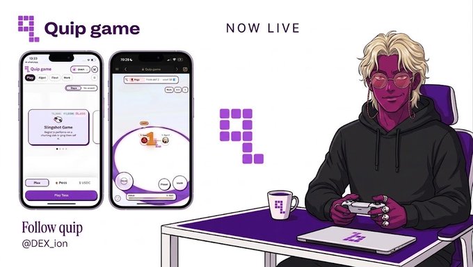 A promotional graphic for 'Quip game' marked 'NOW LIVE' showing mobile app screenshots and an illustration of a blonde character with pink skin holding a game controller, with text 'Follow quip @DEX_ion'.