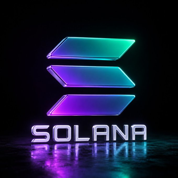The image features a neon logo for Solana, which consists of three vertical lines intersecting at a 90-degree angle with purple, green, and blue colors. The text "Solana" is written below the logo. The background of the image is black, making the colorful logo stand out prominently.