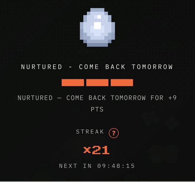 A pixel-art egg icon with text 'NURTURED - COME BACK TOMORROW' and a streak counter showing 'x21' with a countdown timer.