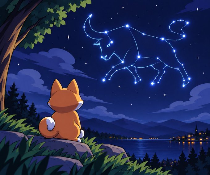 A small fox-like creature sits peacefully on a rocky outcrop beneath a night sky, gazing up at a constellation shaped like a bull—a traditional symbol of rising markets. The image visually echoes the post's message that "the stars are aligning," with the bullish constellation representing the favorable convergence of AI growth and the SEC's approval of tokenized stocks.