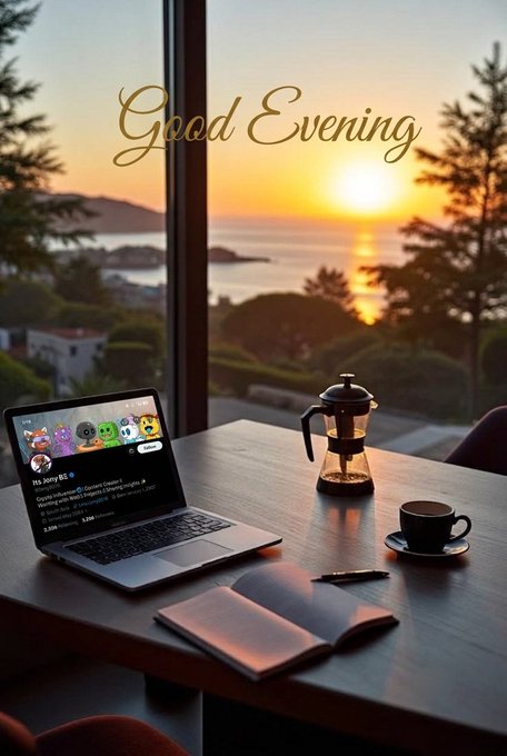 A serene "Good Evening" scene showing a laptop, French press, coffee cup, and open notebook on a table overlooking a sunset over the ocean.