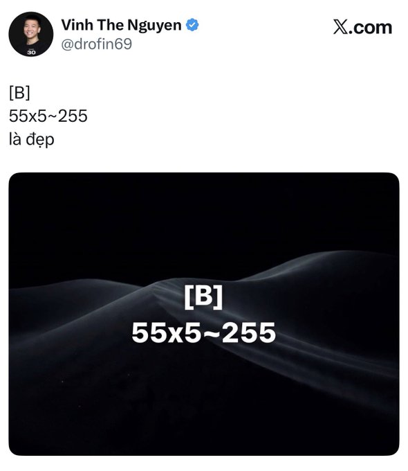 A tweet by Vinh The Nguyen (@drofin69) displaying the text '[B] 55x5~255 là đẹp' above a black image with flowing white waves and the same text overlaid.