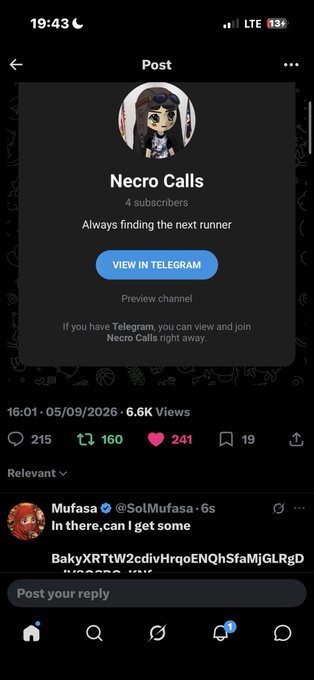 A mobile screenshot of a Telegram post titled 'Necro Calls' with 4 subscribers and a 'VIEW IN TELEGRAM' button, showing engagement metrics of 215 comments, 160 reposts, and 241 likes.