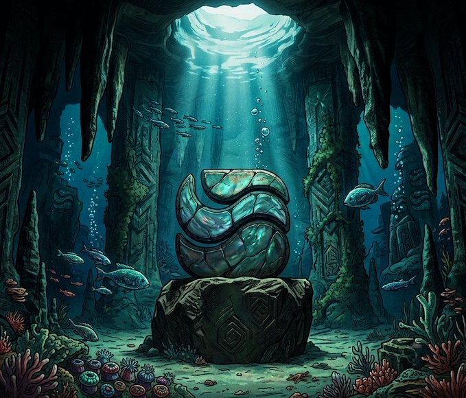 A glowing, pearlescent gem rests on an ancient carved pedestal at the center of an underwater cavern, illuminated by shafts of light piercing the surface above. The image evokes the post's theme of a hidden, working asset—symbolizing how $RIVER holders' collateral sits quietly beneath the surface, steadily generating yield while the rest of the market remains unaware.